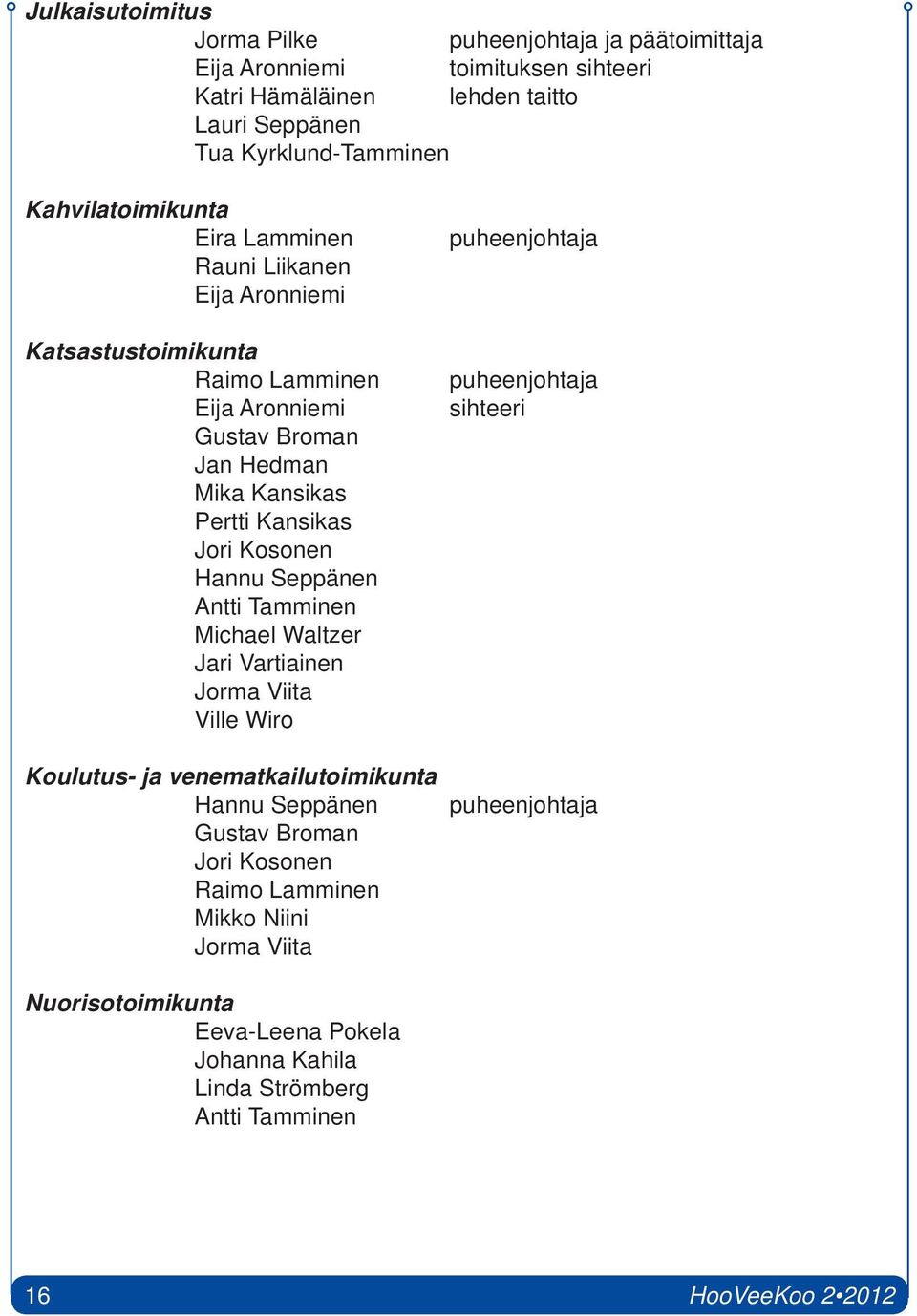 Kosonen Hannu Seppänen Antti Tamminen Michael Waltzer Jari Vartiainen Jorma Viita Ville Wiro Koulutus- ja venematkailutoimikunta Hannu Seppänen Gustav Broman Jori Kosonen