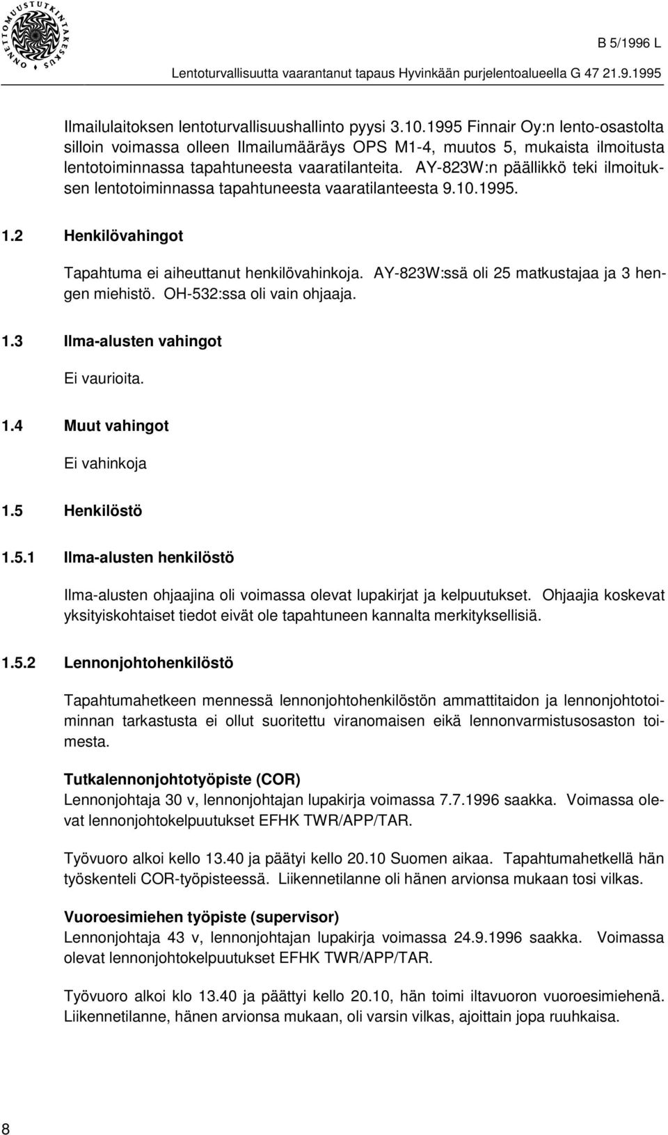 Y-823W:n päällikkö teki ilmoituksen lentotoiminnassa tapahtuneesta vaaratilanteesta 9.10.1995. 1.2 Henkilövahingot Tapahtuma ei aiheuttanut henkilövahinkoja.