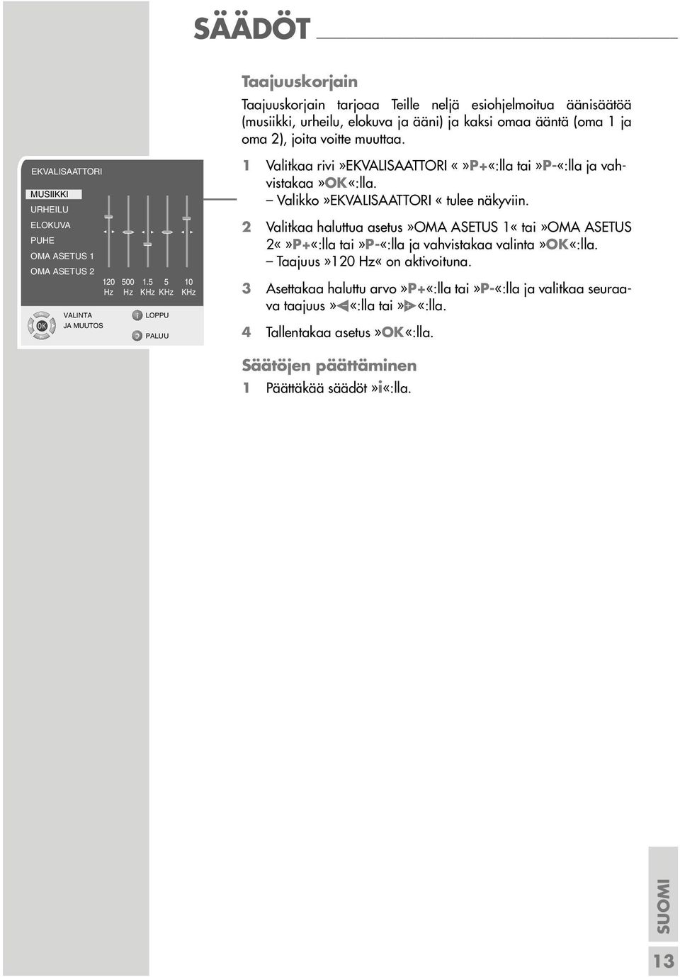5 5 10 Hz Hz KHz KHz KHz 1 Valitkaa rivi»ekvalisaattori P+«:lla tai»p-«:lla ja vahvistakaa Valikko»EKVALISAATTORI «tulee näkyviin.