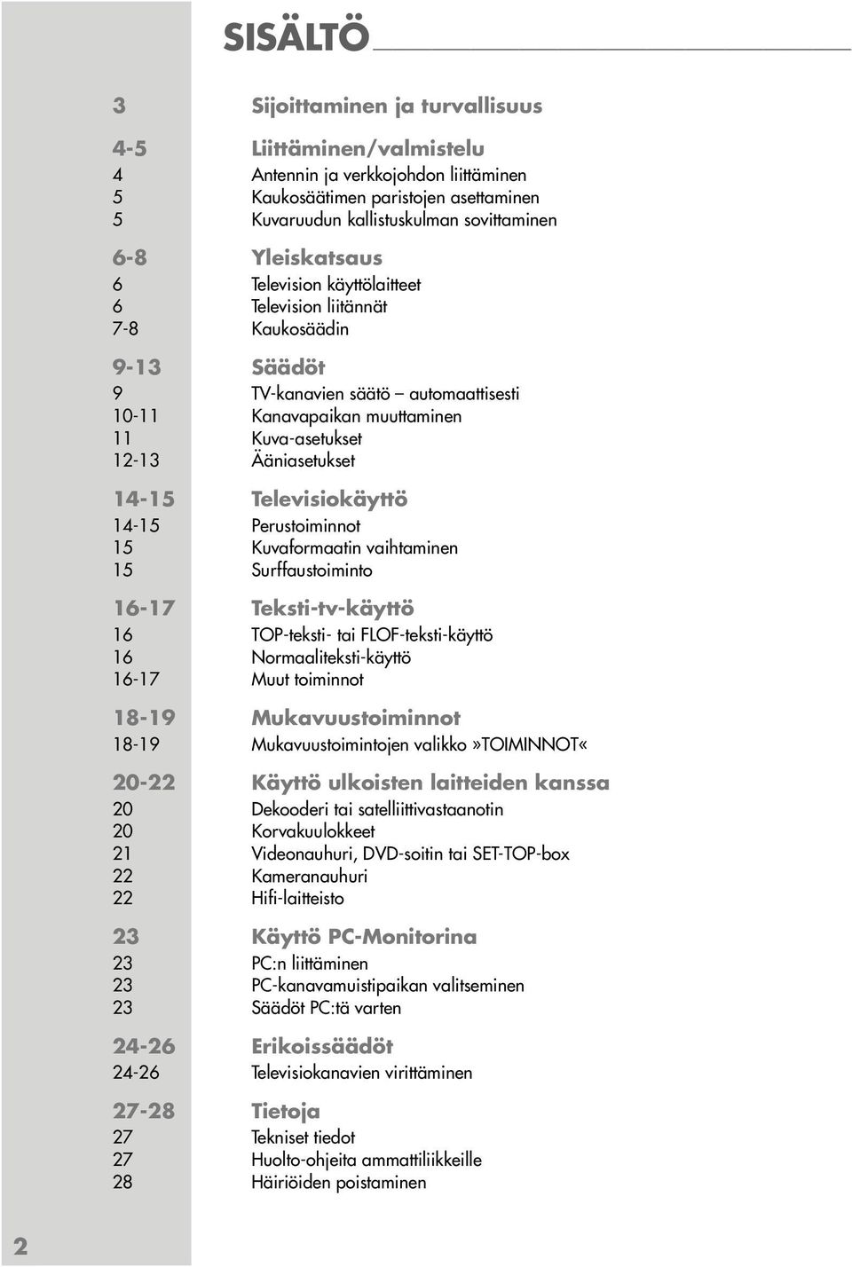 14-15 Televisiokäyttö 14-15 Perustoiminnot 15 Kuvaformaatin vaihtaminen 15 Surffaustoiminto 16-17 Teksti-tv-käyttö 16 TOP-teksti- tai FLOF-teksti-käyttö 16 Normaaliteksti-käyttö 16-17 Muut toiminnot