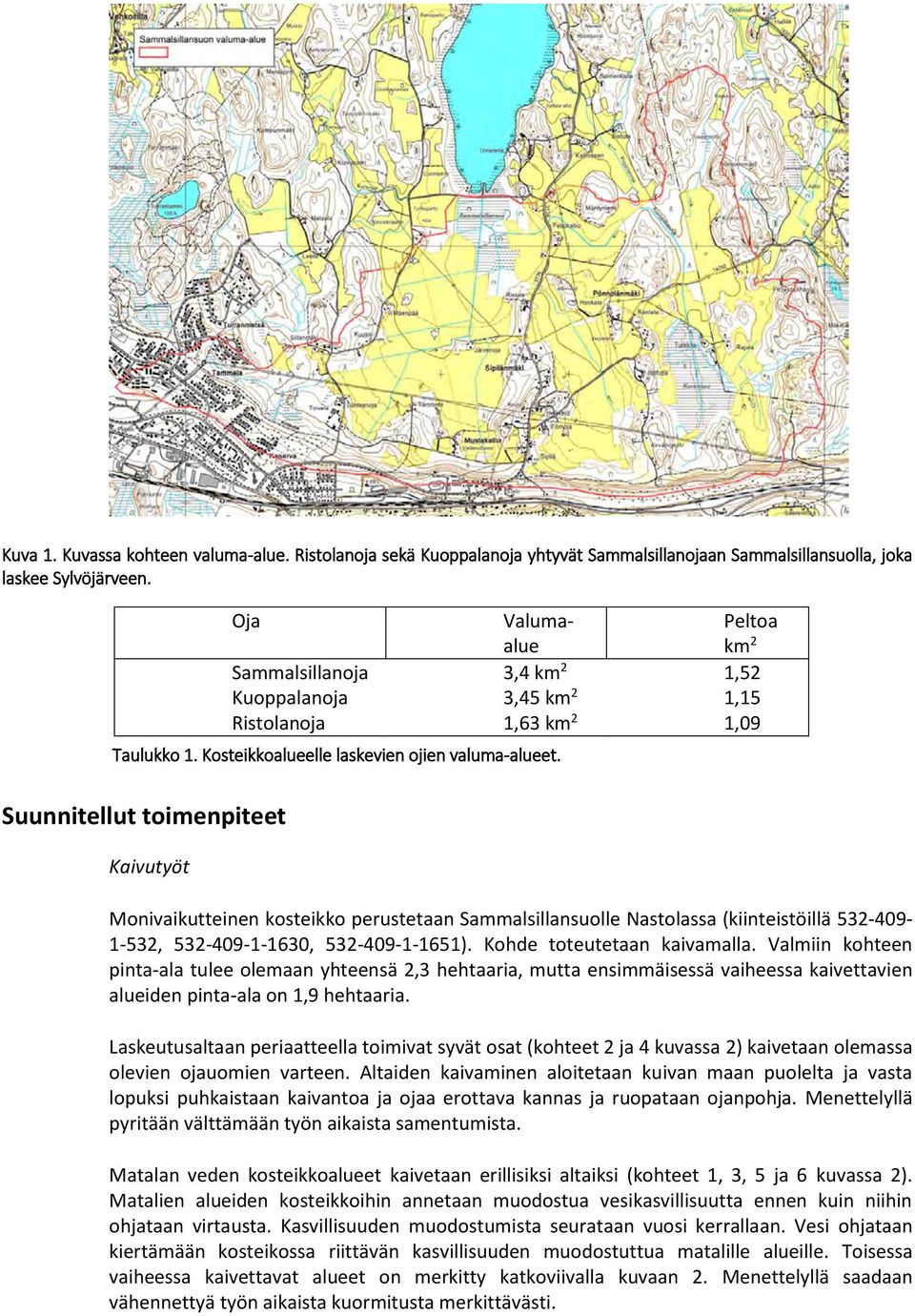 Kosteikkoalueelle laskevien ojien valuma-alueet. Monivaikutteinen kosteikko perustetaan Sammalsillansuolle Nastolassa (kiinteistöillä 532-409- 1-532, 532-409-1-1630, 532-409-1-1651).