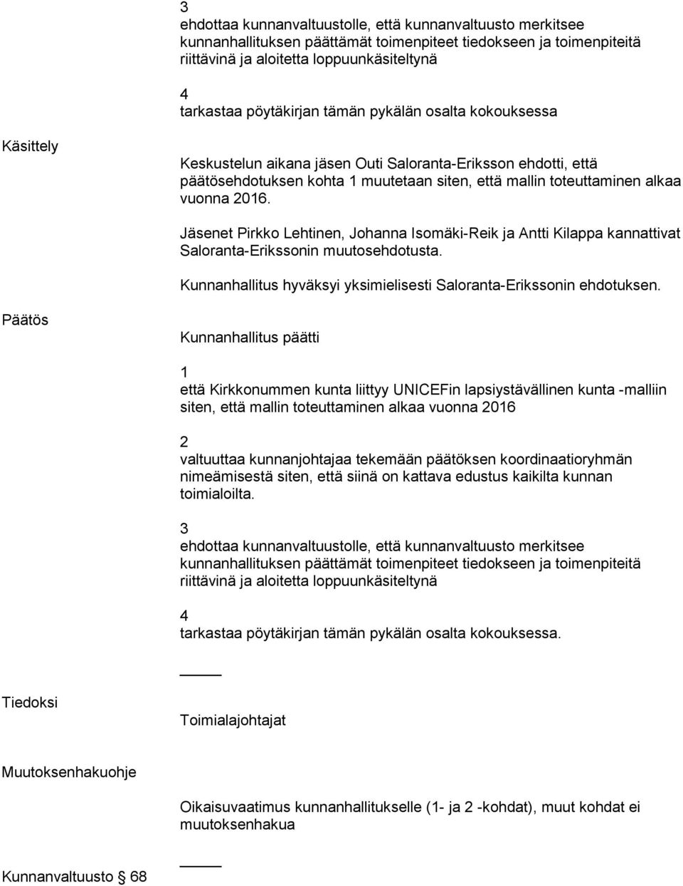 Jäsenet Pirkko Lehtinen, Johanna Isomäki-Reik ja Antti Kilappa kannattivat Saloranta-Erikssonin muutosehdotusta. Kunnanhallitus hyväksyi yksimielisesti Saloranta-Erikssonin ehdotuksen.