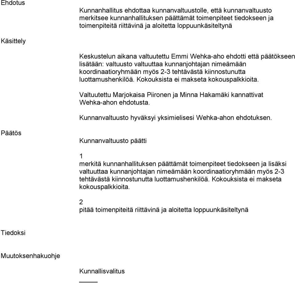 luottamushenkilöä. Kokouksista ei makseta kokouspalkkioita. Valtuutettu Marjokaisa Piironen ja Minna Hakamäki kannattivat Wehka-ahon ehdotusta.