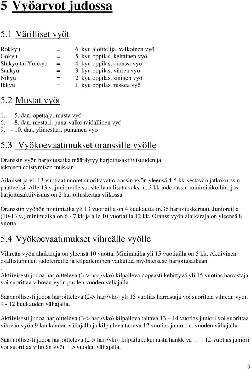 dan, ylimestari, punainen vyö 5.3 Vyökoevaatimukset oranssille vyölle Oranssin vyön harjoitusaika määräytyy harjoitusaktiivisuuden ja teknisen edistymisen mukaan.