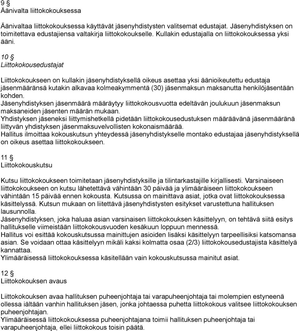 10 Liittokokousedustajat Liittokokoukseen on kullakin jäsenyhdistyksellä oikeus asettaa yksi äänioikeutettu edustaja jäsenmääränsä kutakin alkavaa kolmeakymmentä (30) jäsenmaksun maksanutta