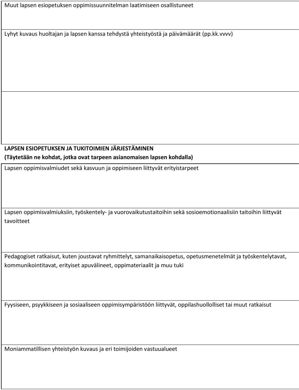 erityistarpeet Lapsen oppimisvalmiuksiin, työskentely- ja vuorovaikutustaitoihin sekä sosioemotionaalisiin taitoihin liittyvät tavoitteet Pedagogiset ratkaisut, kuten joustavat ryhmittelyt,