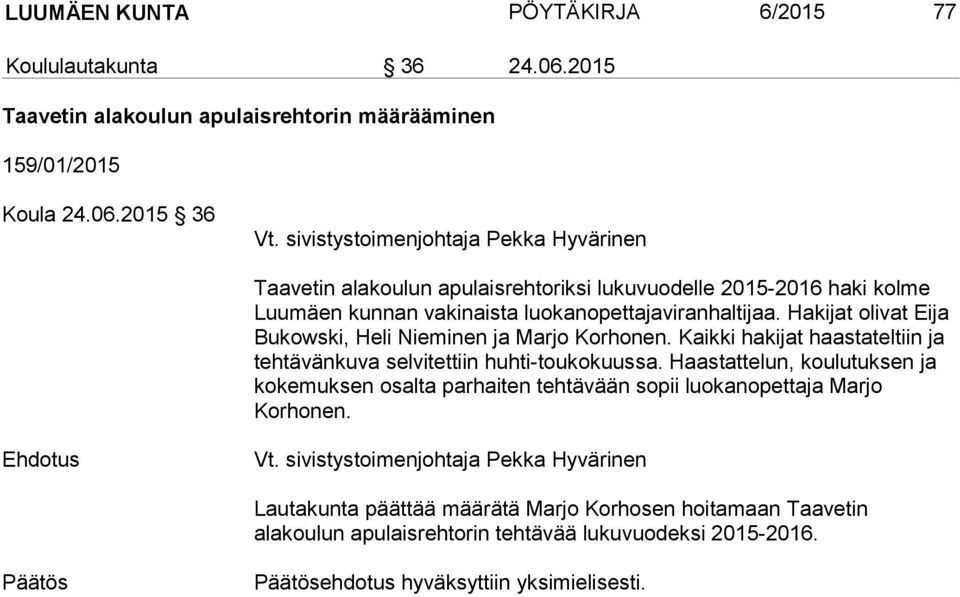 Hakijat olivat Eija Bukowski, Heli Nieminen ja Marjo Korhonen. Kaikki hakijat haastateltiin ja tehtävänkuva selvitettiin huhti-toukokuussa.