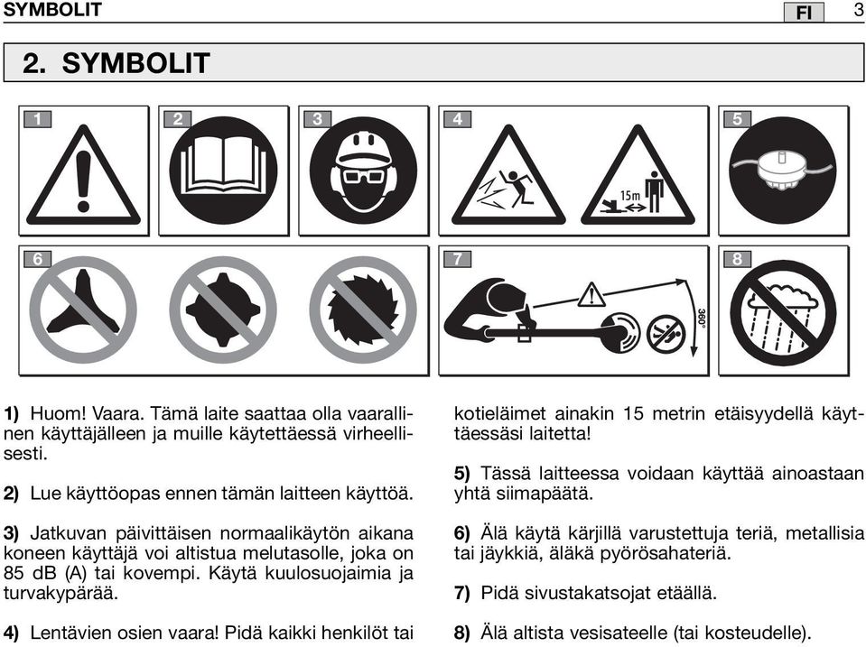 Käytä kuulosuojaimia ja turvakypärää. 4) Lentävien osien vaara! Pidä kaikki henkilöt tai kotieläimet ainakin 15 metrin etäisyydellä käyttäessäsi laitetta!