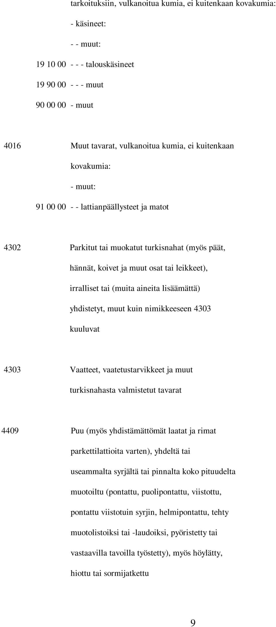 kuin nimikkeeseen 4303 kuuluvat 4303 Vaatteet, vaatetustarvikkeet ja muut turkisnahasta valmistetut tavarat 4409 Puu (myös yhdistämättömät laatat ja rimat parkettilattioita varten), yhdeltä tai