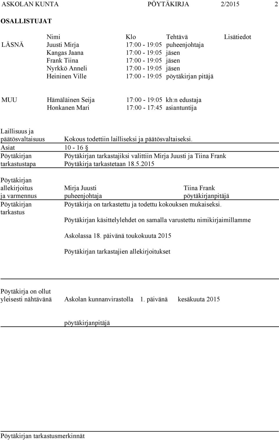 lailliseksi ja päätösvaltaiseksi. Asiat 10-16 Pöytäkirjan Pöytäkirjan tarkastajiksi valittiin Mirja Juusti ja Tiina Frank tarkastustapa Pöytäkirja tarkastetaan 18.5.