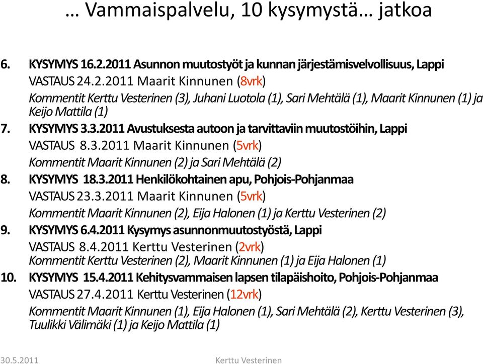 3.2011 Maarit Kinnunen (5vrk) Kommentit Maarit Kinnunen (2), Eija Halonen (1) ja Kerttu Vesterinen (2) 9. KYSYMYS 6.4.