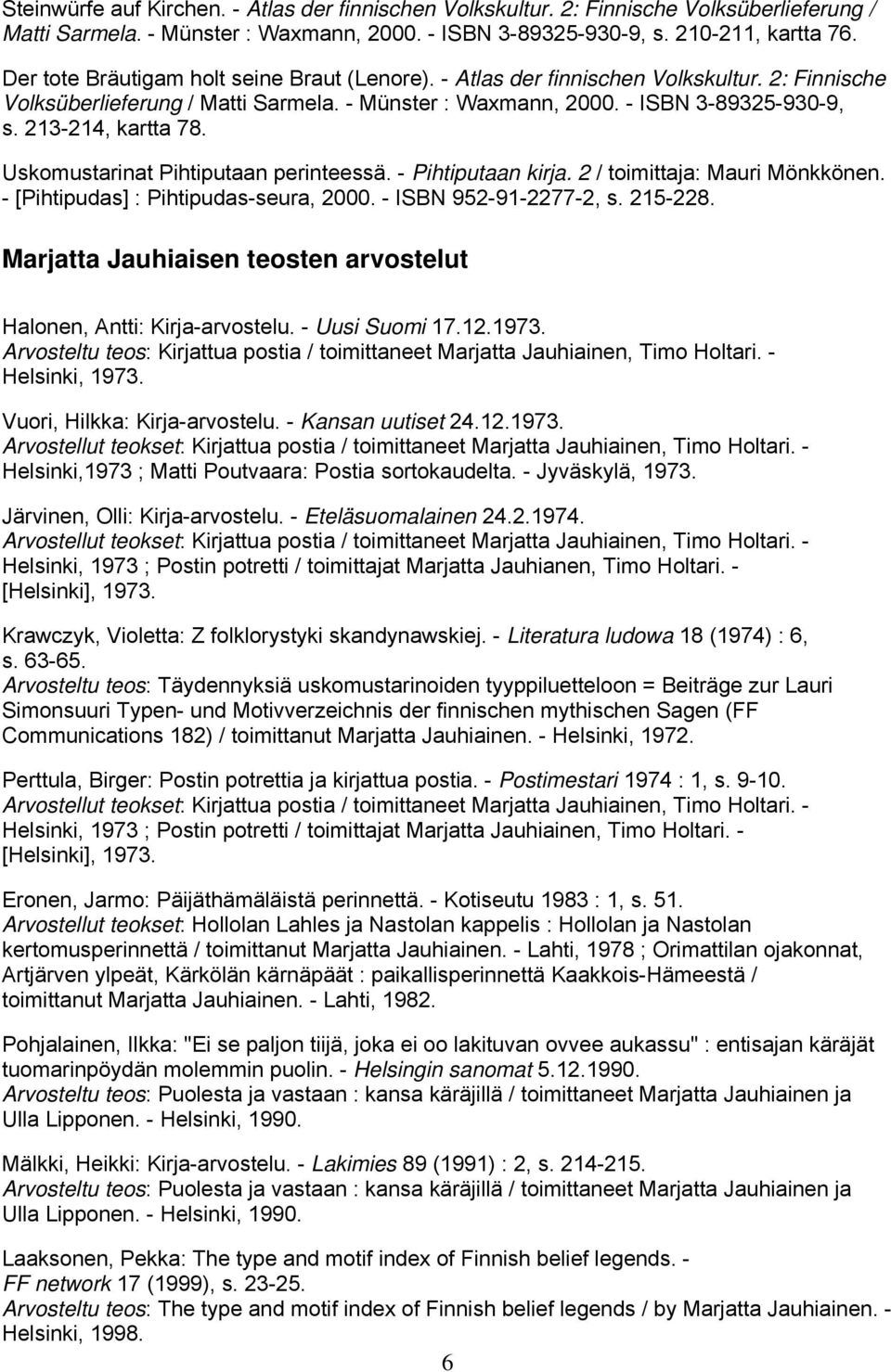 213-214, kartta 78. Uskomustarinat Pihtiputaan perinteessä. - Pihtiputaan kirja. 2 / toimittaja: Mauri Mönkkönen. - [Pihtipudas] : Pihtipudas-seura, 2000. - ISBN 952-91-2277-2, s. 215-228.