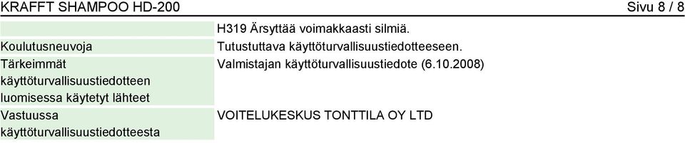 käyttöturvallisuustiedotteesta H319 Ärsyttää voimakkaasti silmiä.