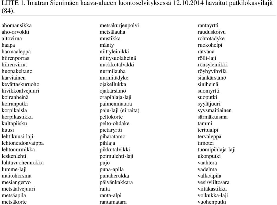 kuusi lehtikuusi-laji lehtoneidonvaippa lehtonurmikka leskenlehti luhtavuohennokka lumme-laji maitohorsma mesiangervo metsäalvejuuri metsäapila metsäkorte metsäkurjenpolvi metsälauha mustikka mänty