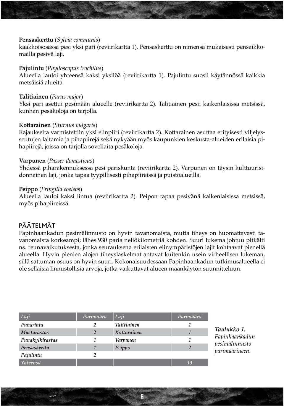 Talitiainen (Parus major) Yksi pari asettui pesimään alueelle (reviirikartta 2). Talitiainen pesii kaikenlaisissa metsissä, kunhan pesäkoloja on tarjolla.