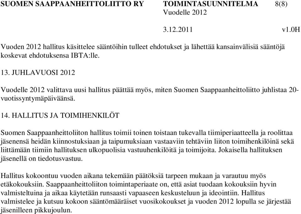 HALLITUS JA TOIMIHENKILÖT Suomen Saappaanheittoliiton hallitus toimii toinen toistaan tukevalla tiimiperiaatteella ja roolittaa jäsenensä heidän kiinnostuksiaan ja taipumuksiaan vastaaviin tehtäviin