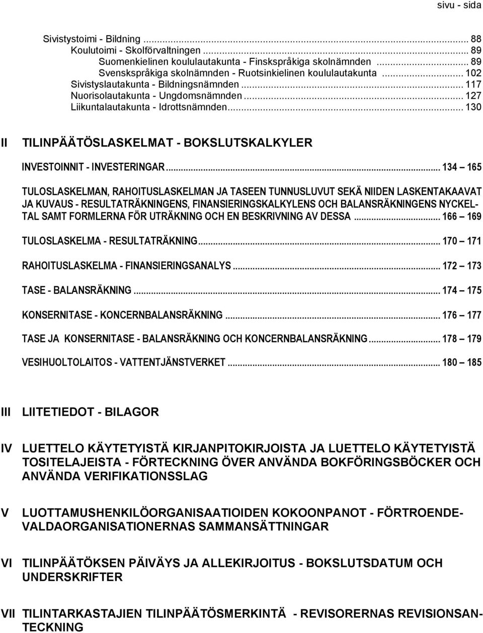 .. 130 II TILINPÄÄTÖSLASKELMAT - BOKSLUTSKALKYLER INVESTOINNIT - INVESTERINGAR.