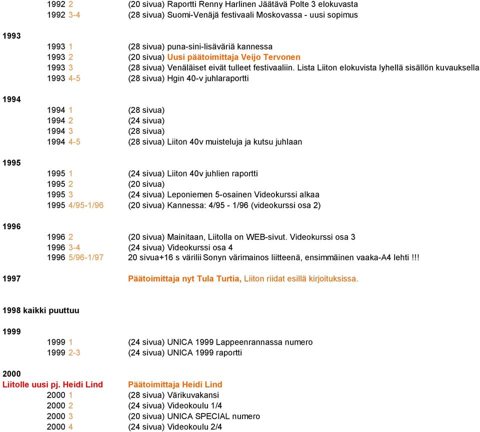 Lista Liiton elokuvista lyhellä sisällön kuvauksella 1993 4-5 (28 sivua) Hgin 40-v juhlaraportti 1994 1 (28 sivua) 1994 2 (24 sivua) 1994 3 (28 sivua) 1994 4-5 (28 sivua) Liiton 40v muisteluja ja