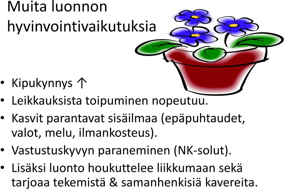 Kasvit parantavat sisäilmaa (epäpuhtaudet, valot, melu, ilmankosteus).