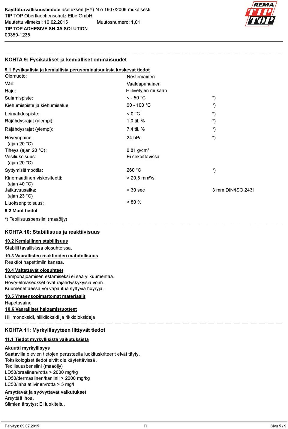 Räjähdysrajat (alempi): Räjähdysrajat (ylempi): Höyrynpaine: (ajan 20 C) Tiheys (ajan 20 C): Vesiliukoisuus: (ajan 20 C) Syttymislämpötila: Kinemaattinen viskositeetti: (ajan 40 C) Jatkuvuusaika: