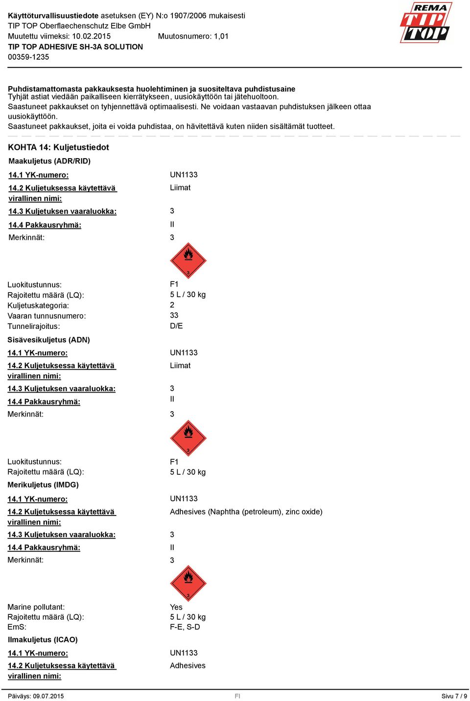 Saastuneet pakkaukset, joita ei voida puhdistaa, on hävitettävä kuten niiden sisältämät tuotteet. KOHTA 14: Kuljetustiedot Maakuljetus (ADR/RID) 14.1 YK-numero: UN11 14.