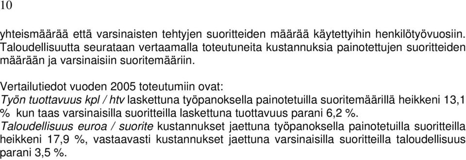 Vertailutiedot vuoden 2005 toteutumiin ovat: Työn tuottavuus kpl / htv laskettuna työpanoksella painotetuilla suoritemäärillä heikkeni 13,1 % kun taas