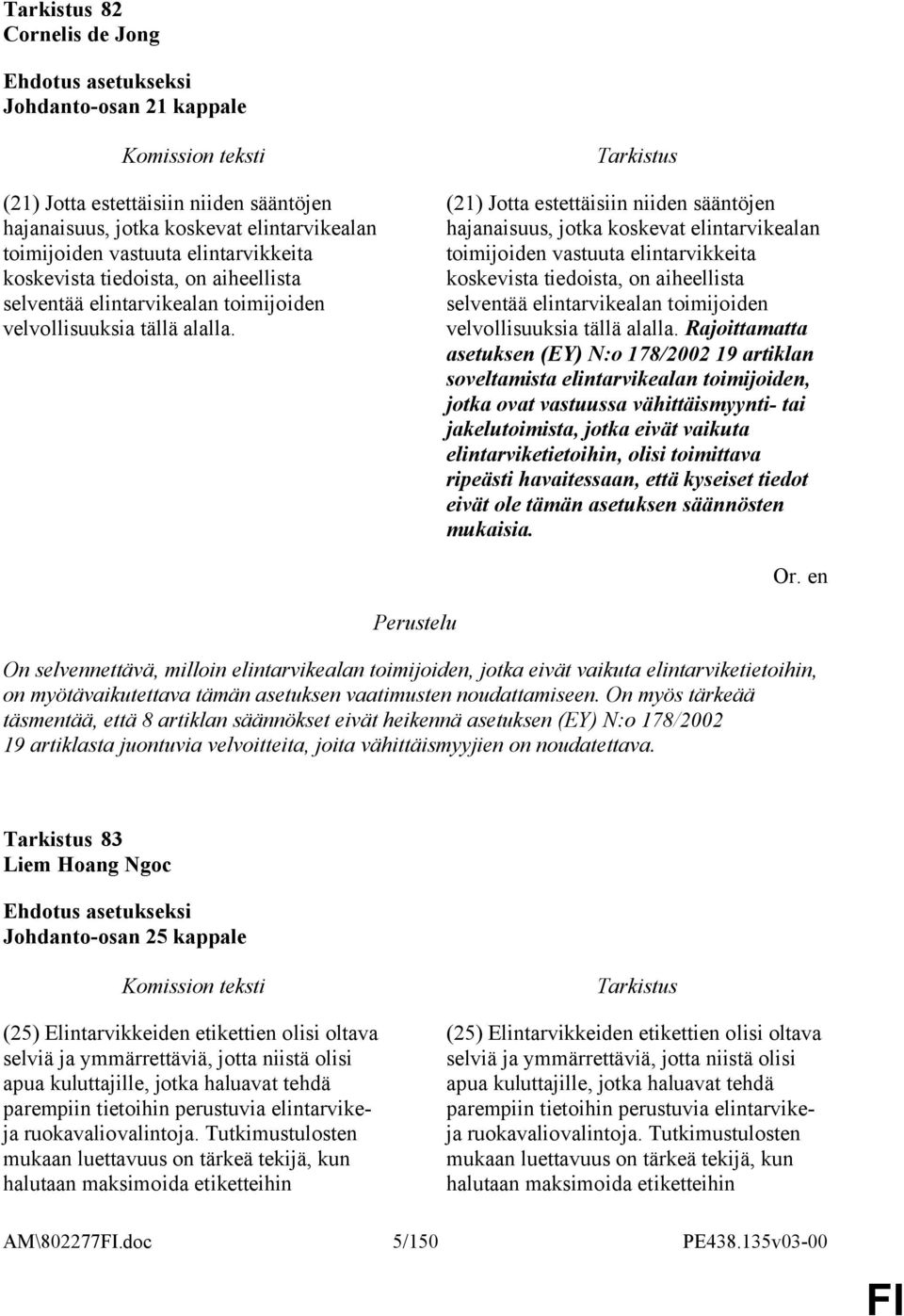 (21) Jotta estettäisiin niiden sääntöjen hajanaisuus, jotka koskevat elintarvikealan toimijoiden vastuuta elintarvikkeita koskevista tiedoista, on  Rajoittamatta asetuksen (EY) N:o 178/2002 19