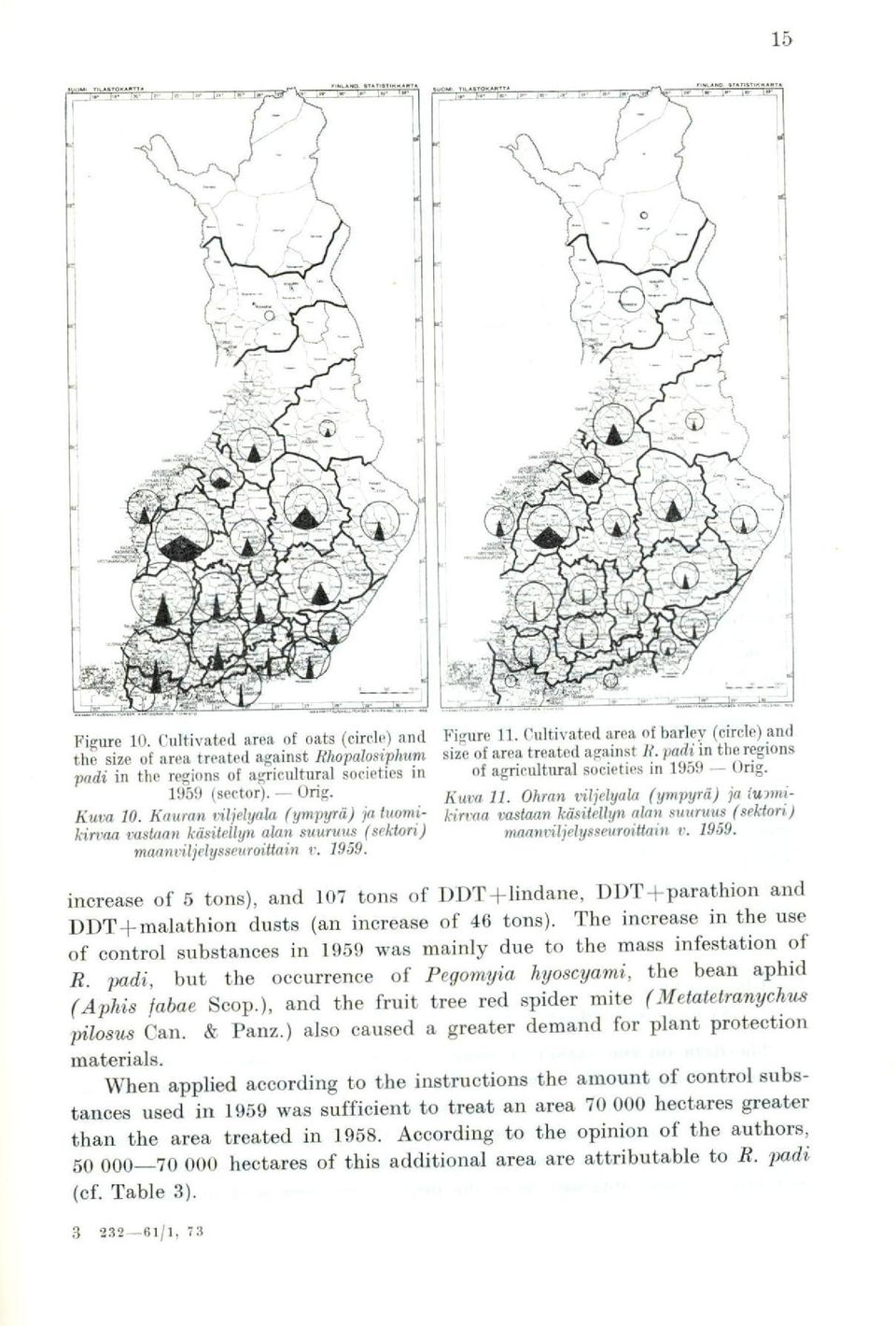 . padi in the regions of agricultural societies in 1959 Orig. Kuva 11. Ohran viljelyala (ympyrä) ja tunnikirtria vastaan käsitellyn alan suuruus (sektori) maanviljelysseuroittain v. 1959. increase of 5 tons), and 107 tons of DDT-Flindane, DDT+parathion and DDT-Emalathion dusts (an inerease of 46 tons).