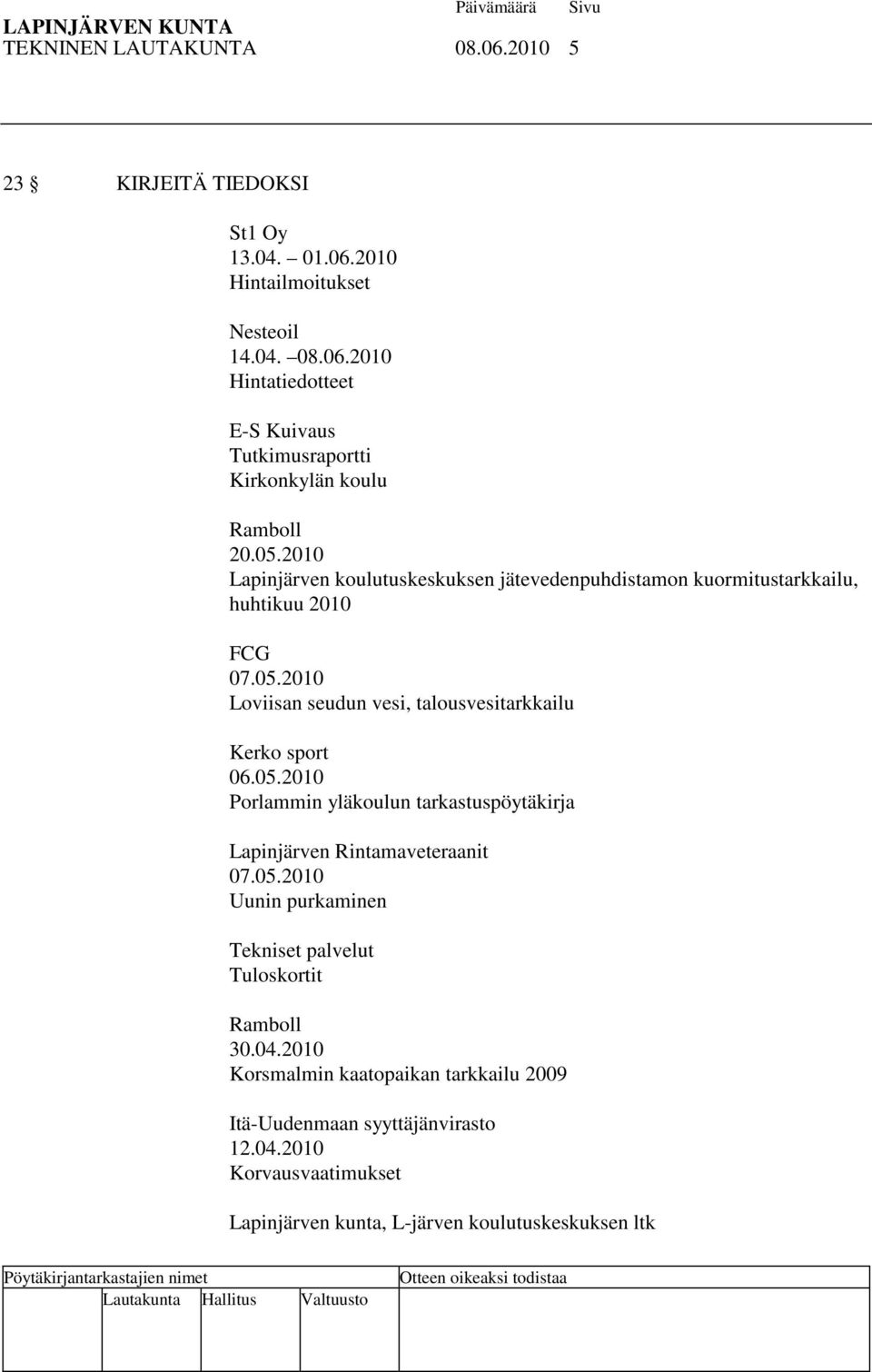 05.2010 Porlammin yläkoulun tarkastuspöytäkirja Lapinjärven Rintamaveteraanit 07.05.2010 Uunin purkaminen Tekniset palvelut Tuloskortit Ramboll 30.04.