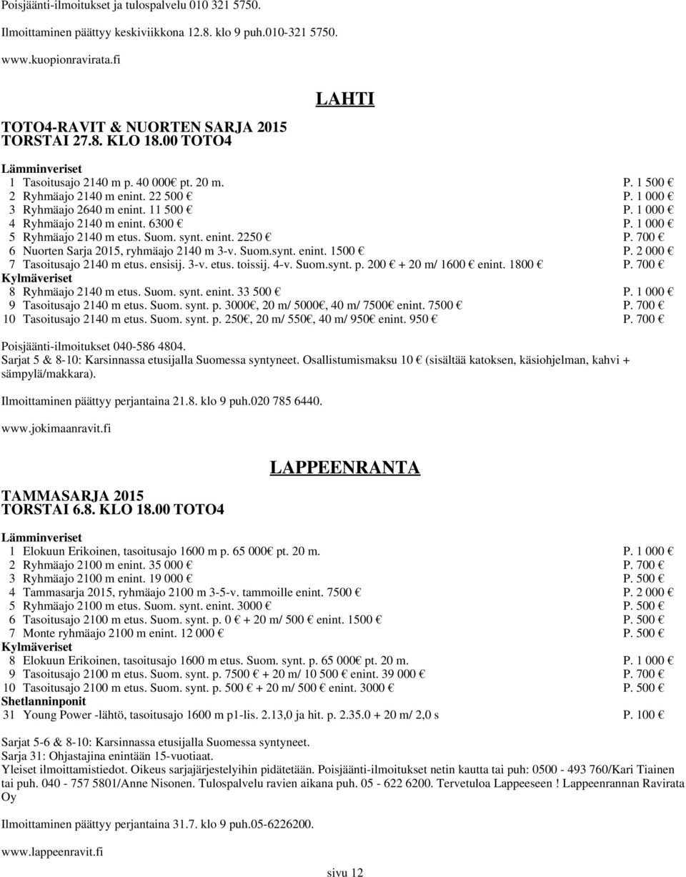 1 000 5 Ryhmäajo 2140 m etus. Suom. synt. enint. 2250 P. 700 6 Nuorten Sarja 2015, ryhmäajo 2140 m 3-v. Suom.synt. enint. 1500 P. 2 000 7 Tasoitusajo 2140 m etus. ensisij. 3-v. etus. toissij. 4-v.