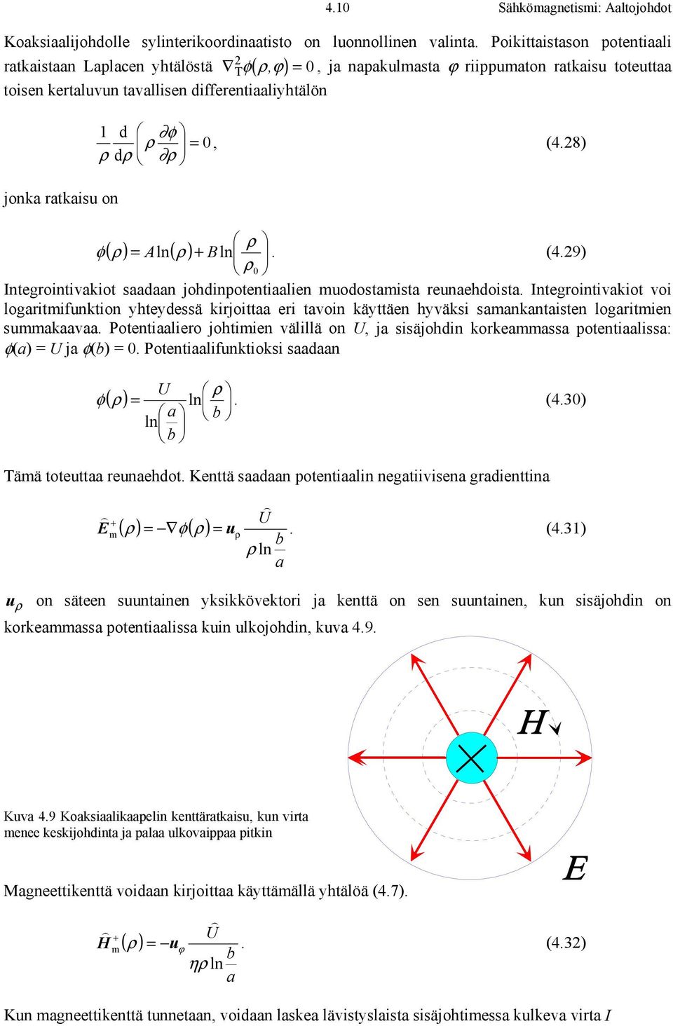 0, (4.8 ρ dρ ρ φ ρ A. (4.9 ( ρ = ln( ρ B ln ρ0 Integrointivakiot saadaan johdinpotentiaalien uodostaista reunaehdoista.