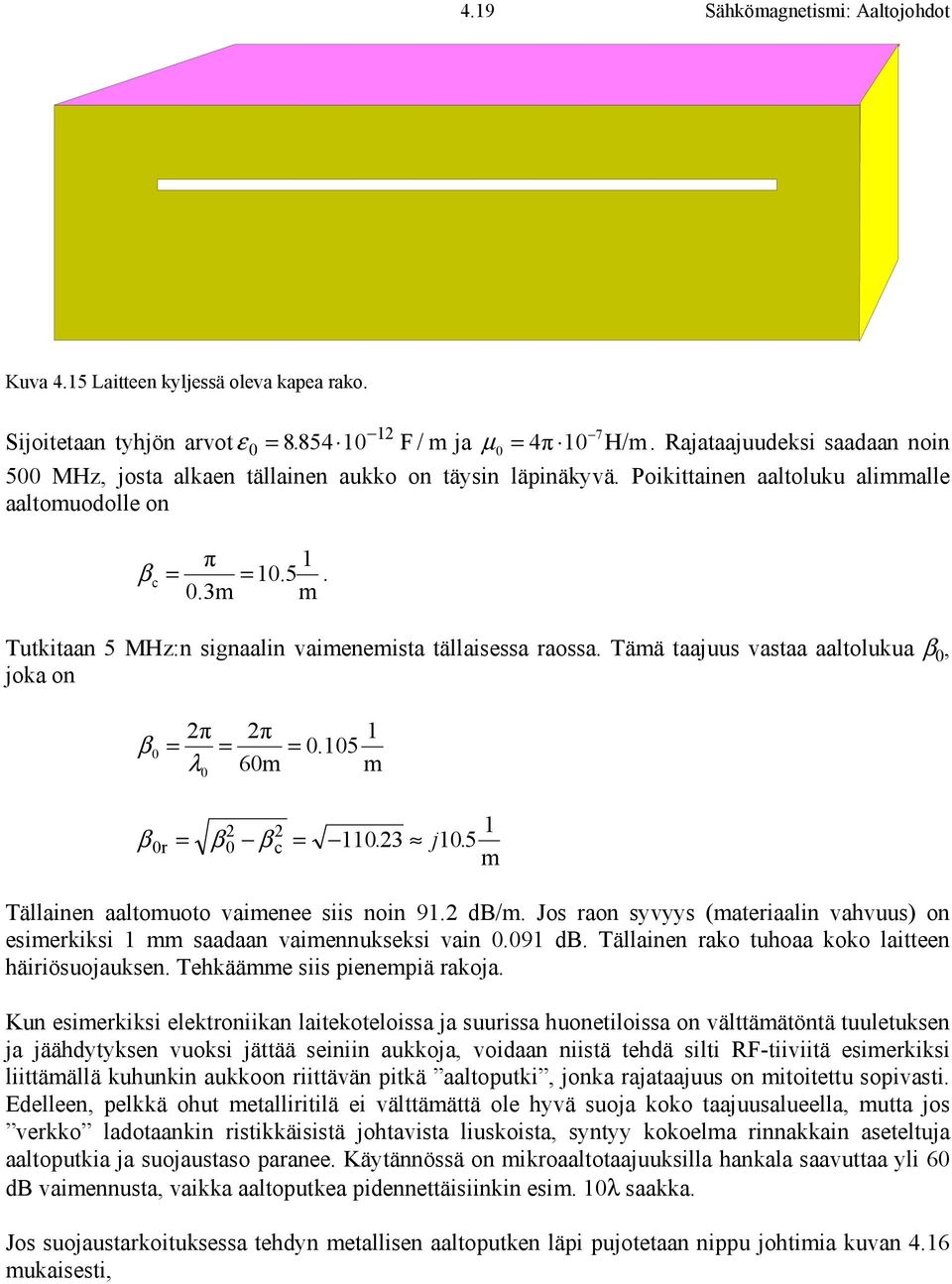 3 Tutkitaan 5 Mz:n signaalin vaieneista tällaisessa raossa. Tää taajuus vastaa aaltolukua β 0, joka on π π β = = λ 60 0 = 0 0.105 1 β = β β = 110. 3 j 105.