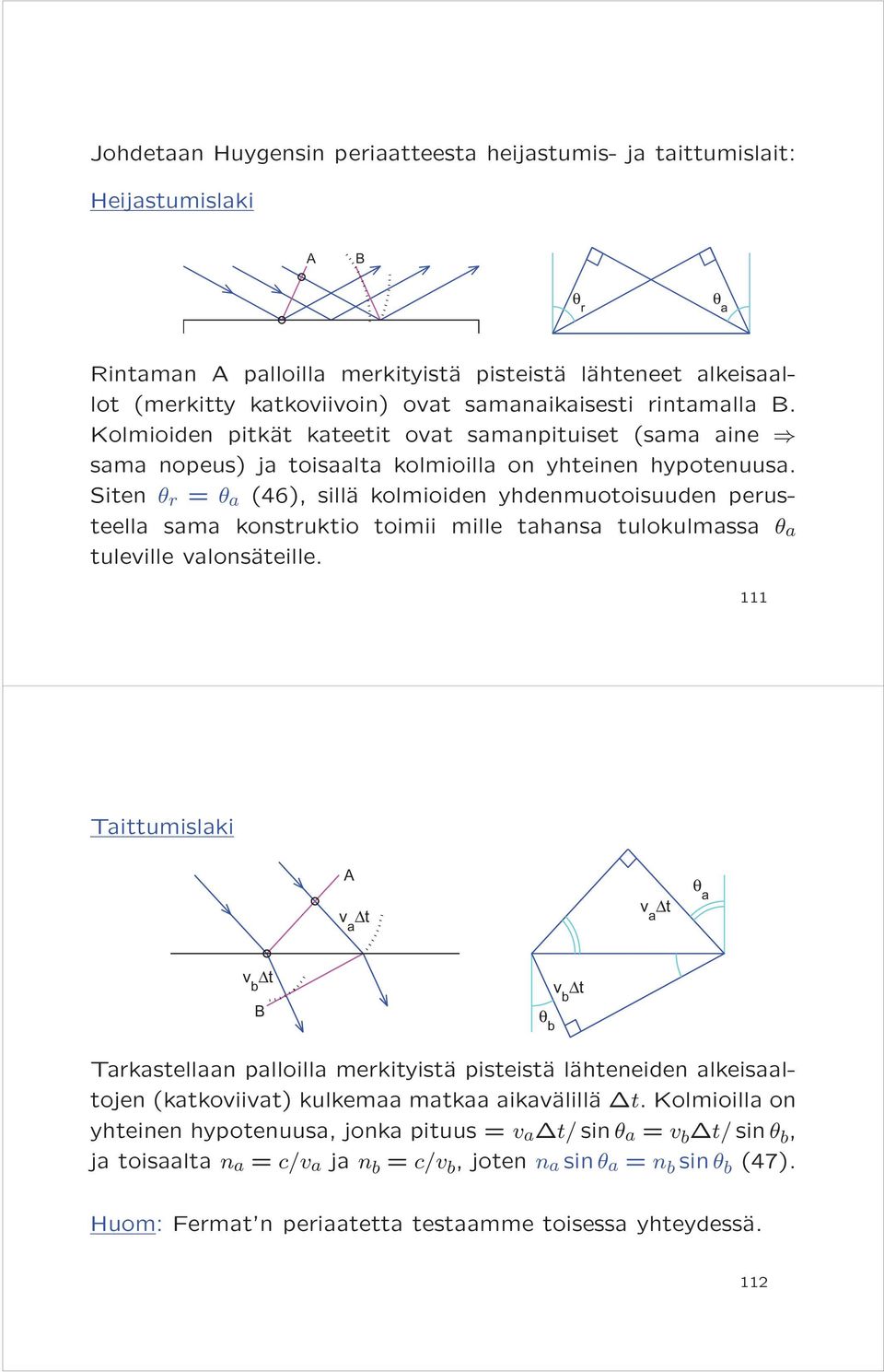 Siten θ r = θ a (46), sillä kolmioiden yhdenmuotoisuuden perusteella sama konstruktio toimii mille tahansa tulokulmassa θ a tuleville valonsäteille.