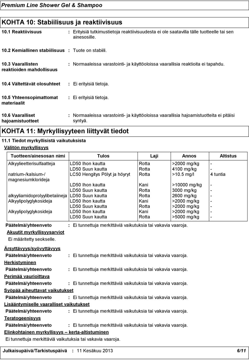 10.6 Vaaralliset hajoamistuotteet KOHTA 11 Myrkyllisyyteen liittyvät tiedot 11.