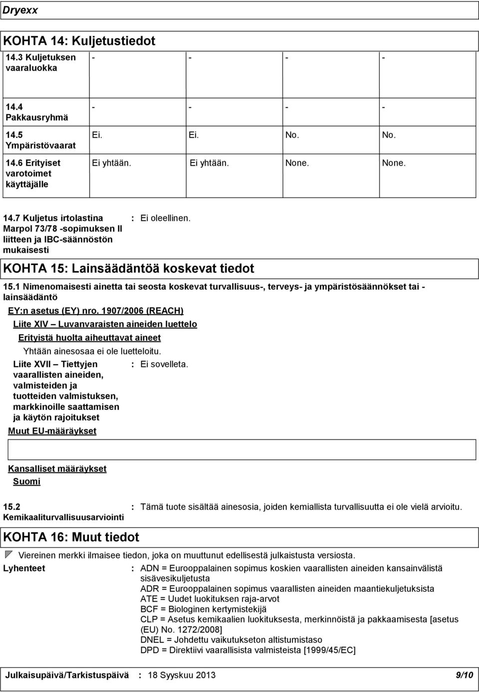 1907/2006 (REACH) Liite XIV Luvanvaraisten aineiden luettelo Erityistä huolta aiheuttavat aineet Yhtään ainesosaa ei ole luetteloitu.