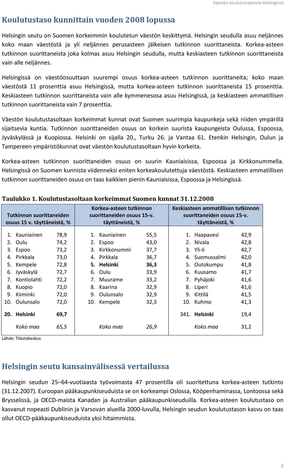 Korkea-asteen tutkinnon suorittaneista joka kolmas asuu Helsingin seudulla, mutta keskiasteen tutkinnon suorittaneista vain alle neljännes.