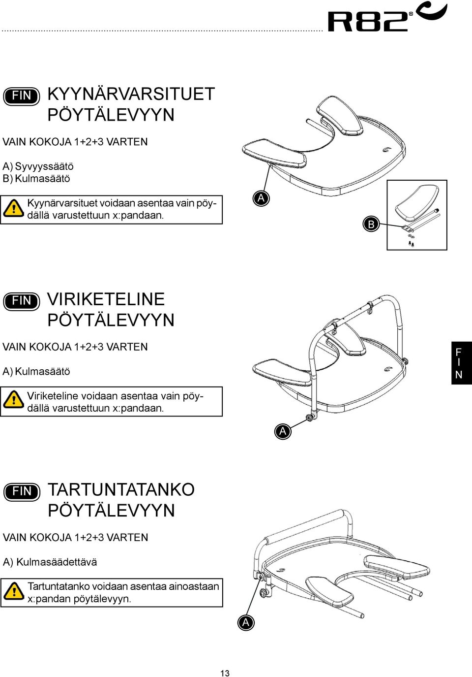 Viriketeline pöytälevyyn V KOKOJ 1+2+3 VRTE ) Kulmasäätö Viriketeline voidaan  Tartuntatanko