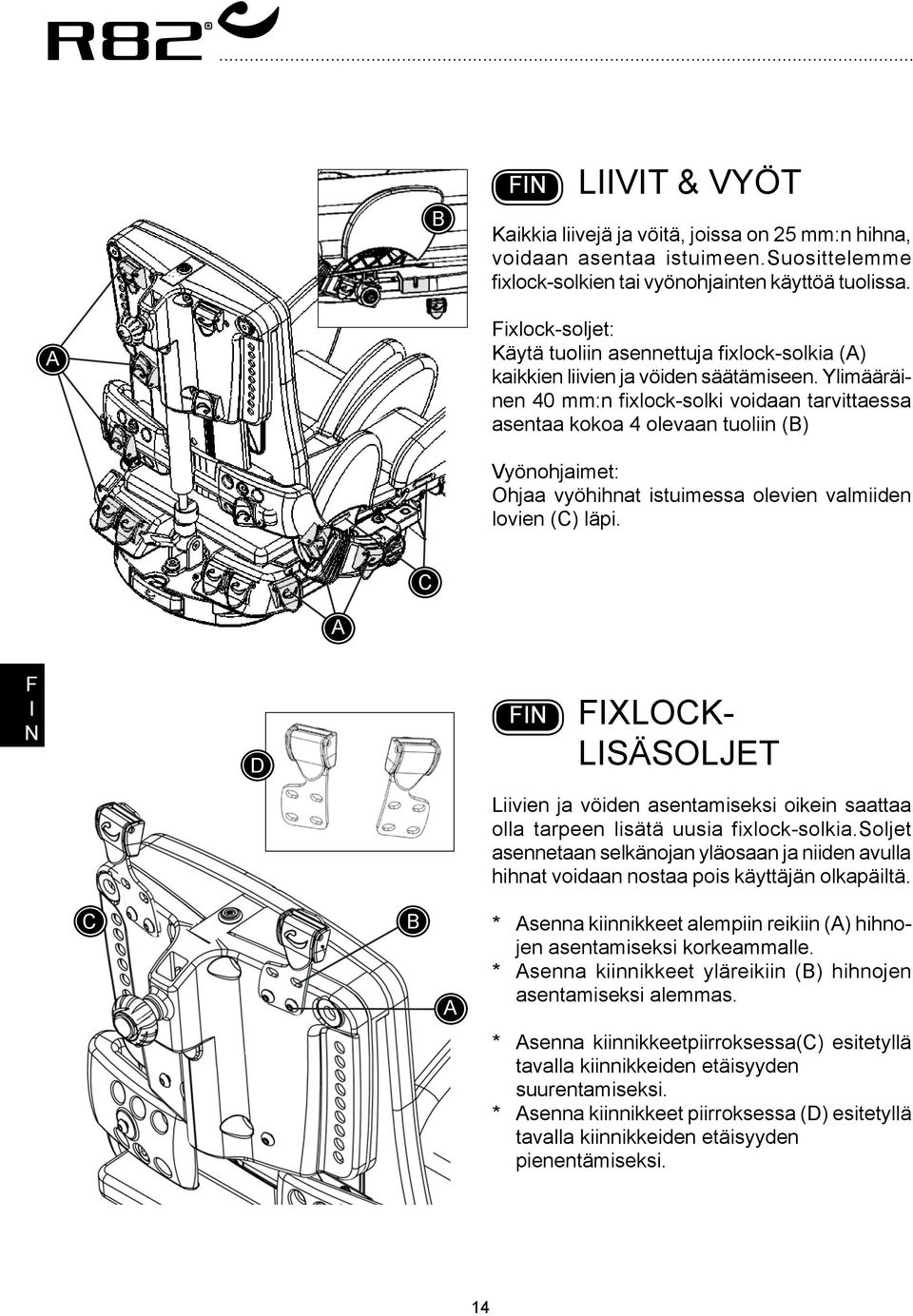 Ylimääräinen 40 mm:n fixlock-solki voidaan tarvittaessa asentaa kokoa 4 olevaan tuoliin () Vyönohjaimet: Ohjaa vyöhihnat istuimessa olevien valmiiden lovien (C) läpi.