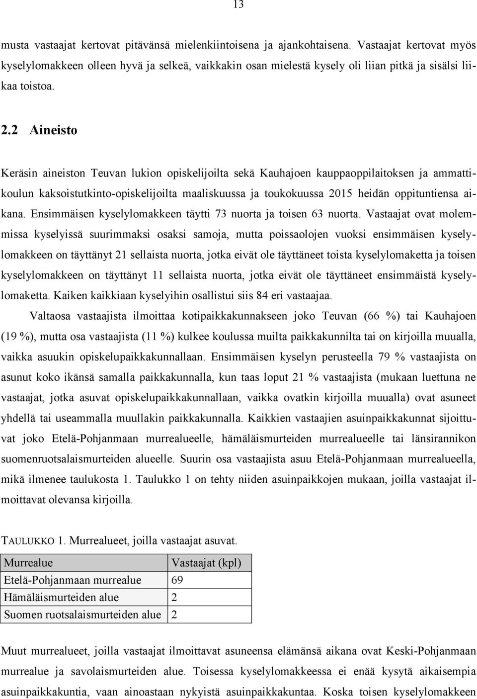 2 Aineisto Keräsin aineiston Teuvan lukion opiskelijoilta sekä Kauhajoen kauppaoppilaitoksen ja ammattikoulun kaksoistutkinto-opiskelijoilta maaliskuussa ja toukokuussa 2015 heidän oppituntiensa