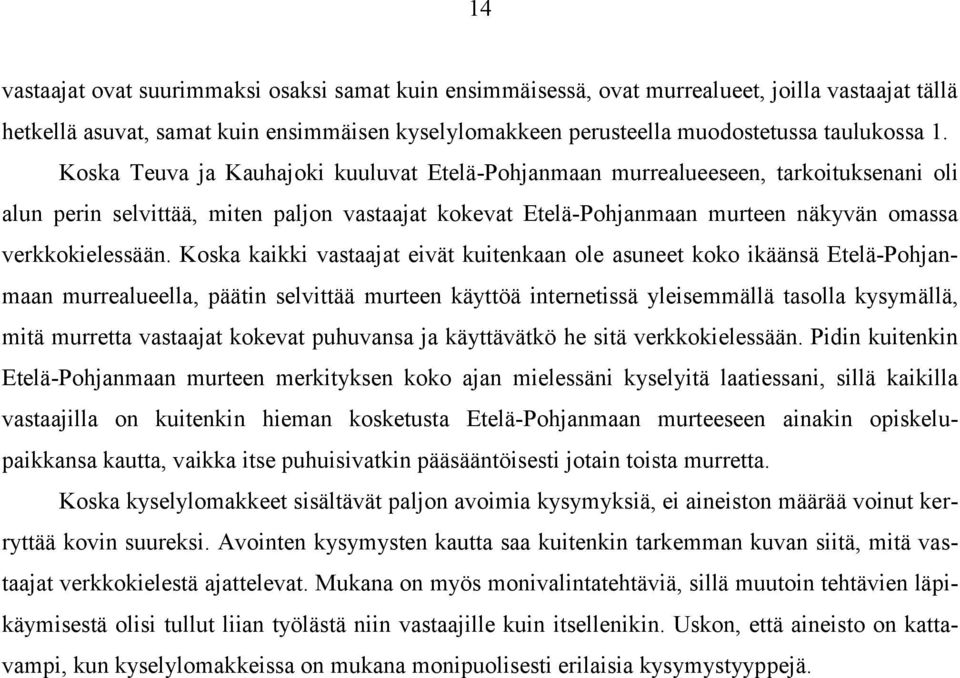 Koska kaikki vastaajat eivät kuitenkaan ole asuneet koko ikäänsä Etelä-Pohjanmaan murrealueella, päätin selvittää murteen käyttöä internetissä yleisemmällä tasolla kysymällä, mitä murretta vastaajat