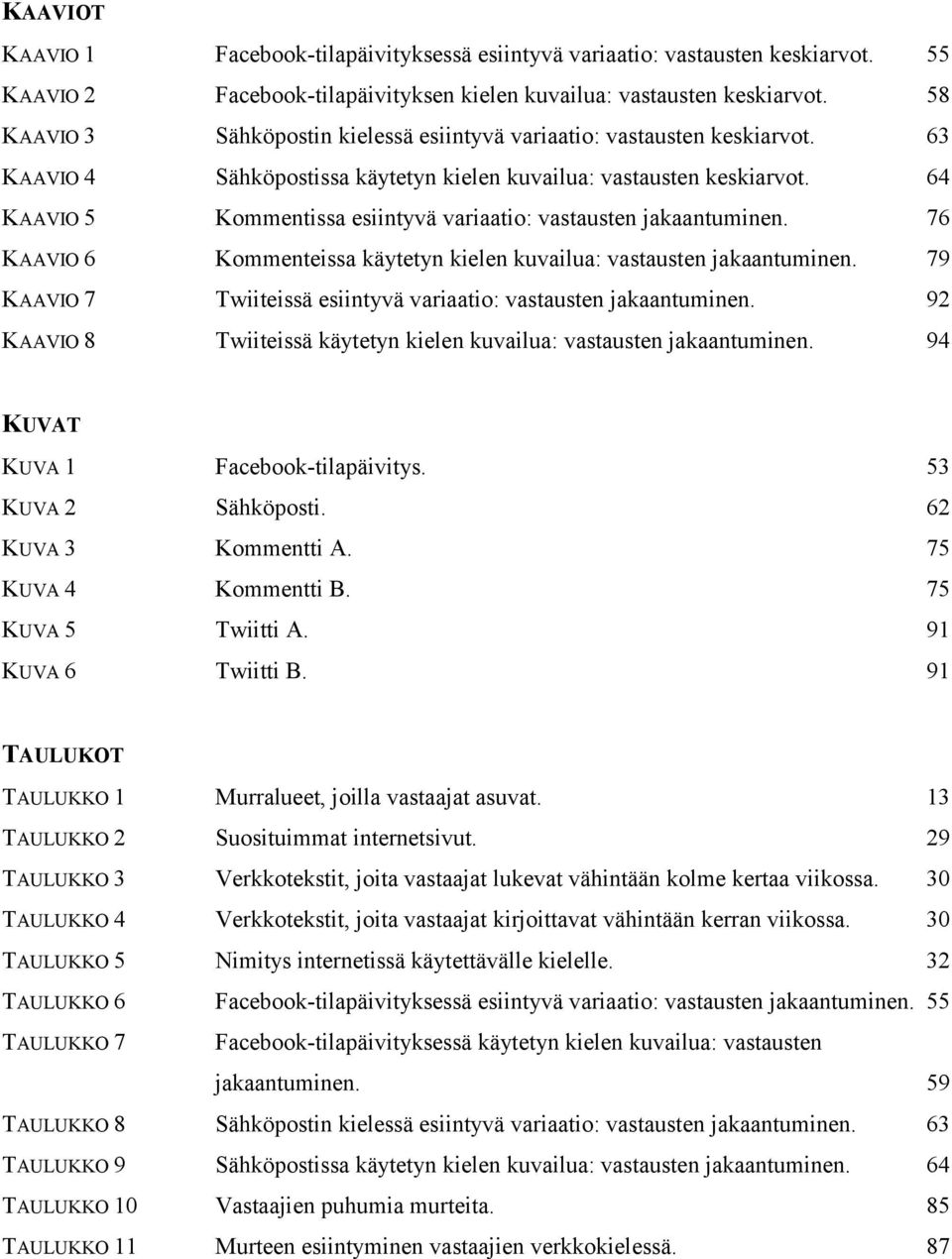 64 KAAVIO 5 Kommentissa esiintyvä variaatio: vastausten jakaantuminen. 76 KAAVIO 6 Kommenteissa käytetyn kielen kuvailua: vastausten jakaantuminen.