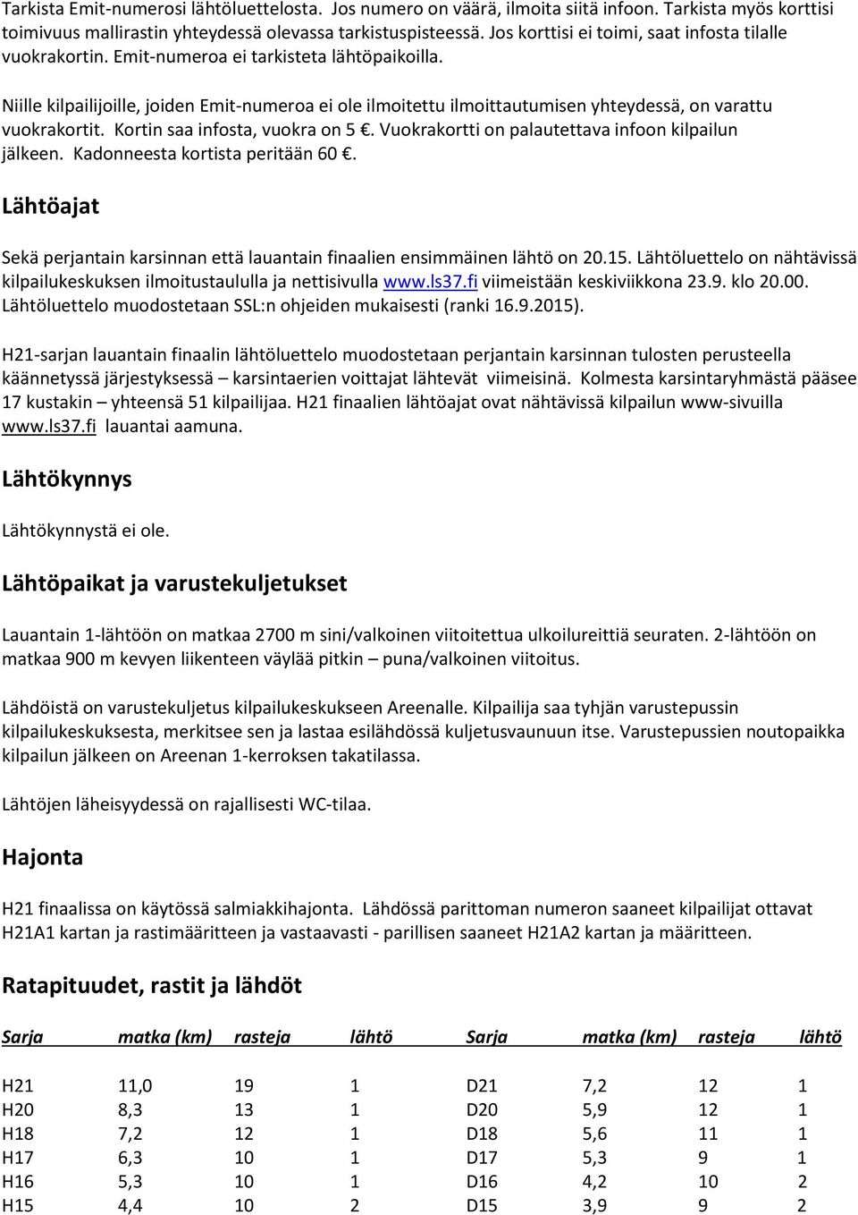 Niille kilpailijoille, joiden Emit-numeroa ei ole ilmoitettu ilmoittautumisen yhteydessä, on varattu vuokrakortit. Kortin saa infosta, vuokra on 5.