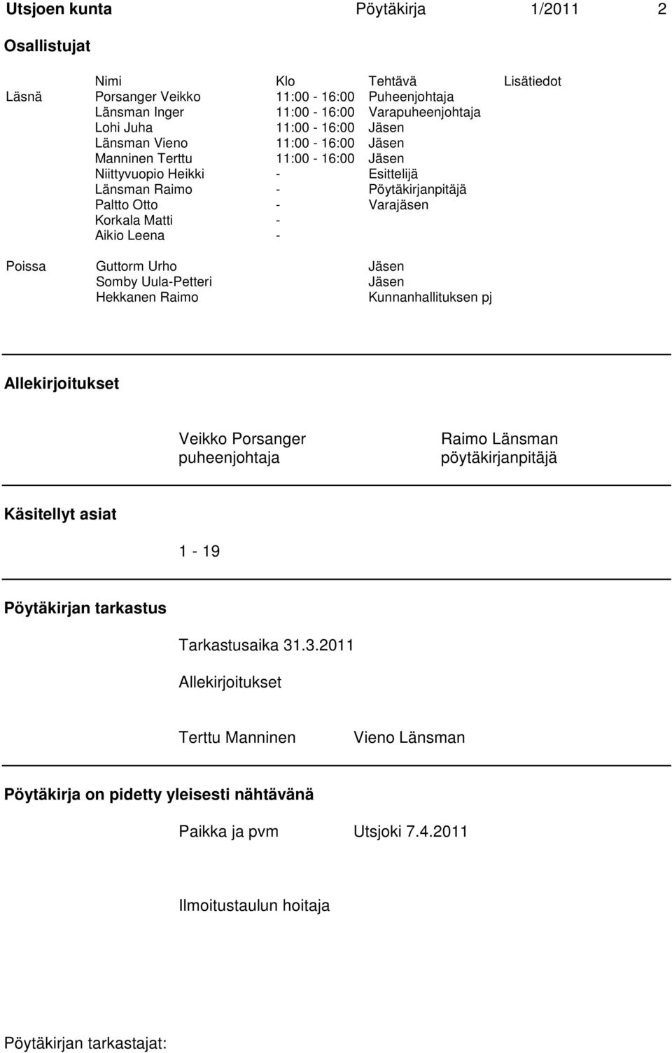 Leena - Poissa Guttorm Urho Jäsen Somby Uula-Petteri Jäsen Hekkanen Raimo Kunnanhallituksen pj Allekirjoitukset Veikko Porsanger puheenjohtaja Raimo Länsman pöytäkirjanpitäjä Käsitellyt