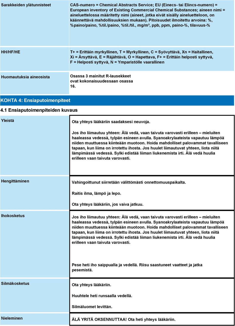, mg/m³, ppb, ppm, paino-%, tilavuus-% HH/HF/HE T+ = Erittäin myrkyllinen, T = Myrkyllinen, C = Syövyttävä, Xn = Haitallinen, Xi = Ärsyttävä, E = Räjähtävä, O = Hapettava, F+ = Erittäin helposti