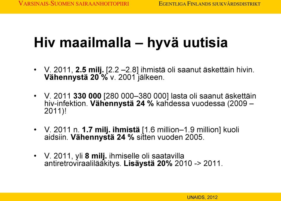 Vähennystä 24 % kahdessa vuodessa (2009 2011)! V. 2011 n. 1.7 milj. ihmistä [1.6 million 1.9 million] kuoli aidsiin.