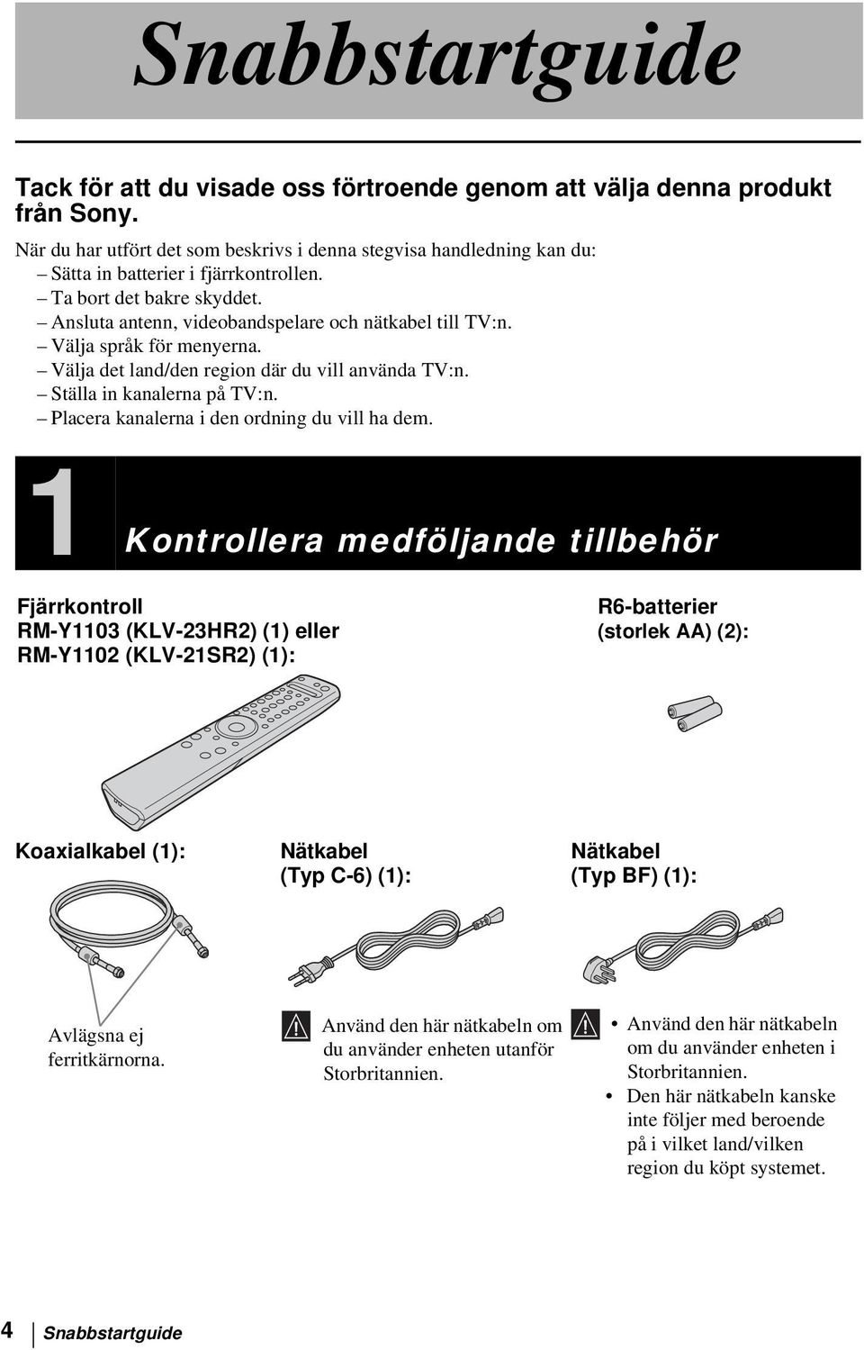 Välja språk för menyerna. Välja det land/den region där du vill använda TV:n. Ställa in kanalerna på TV:n. Placera kanalerna i den ordning du vill ha dem.