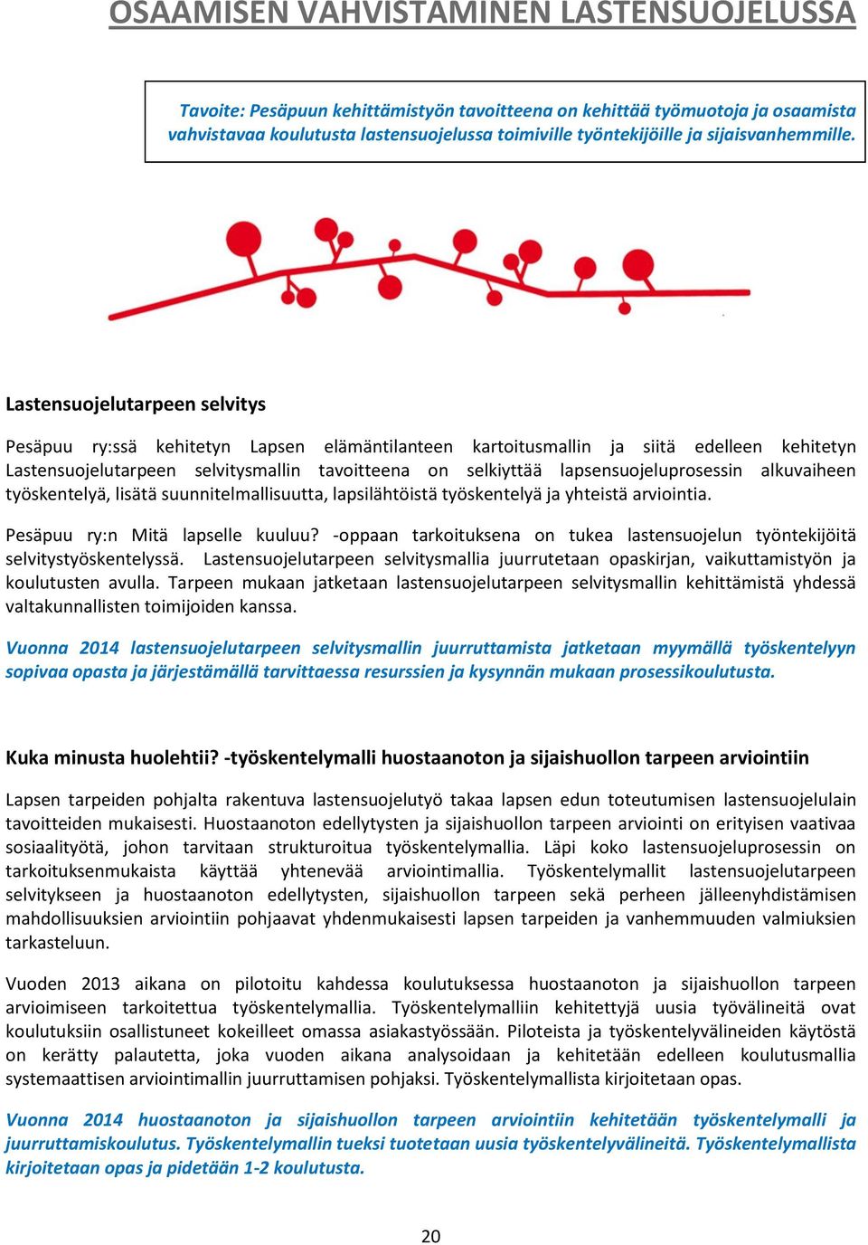 Lastensuojelutarpeen selvitys Pesäpuu ry:ssä kehitetyn Lapsen elämäntilanteen kartoitusmallin ja siitä edelleen kehitetyn Lastensuojelutarpeen selvitysmallin tavoitteena on selkiyttää