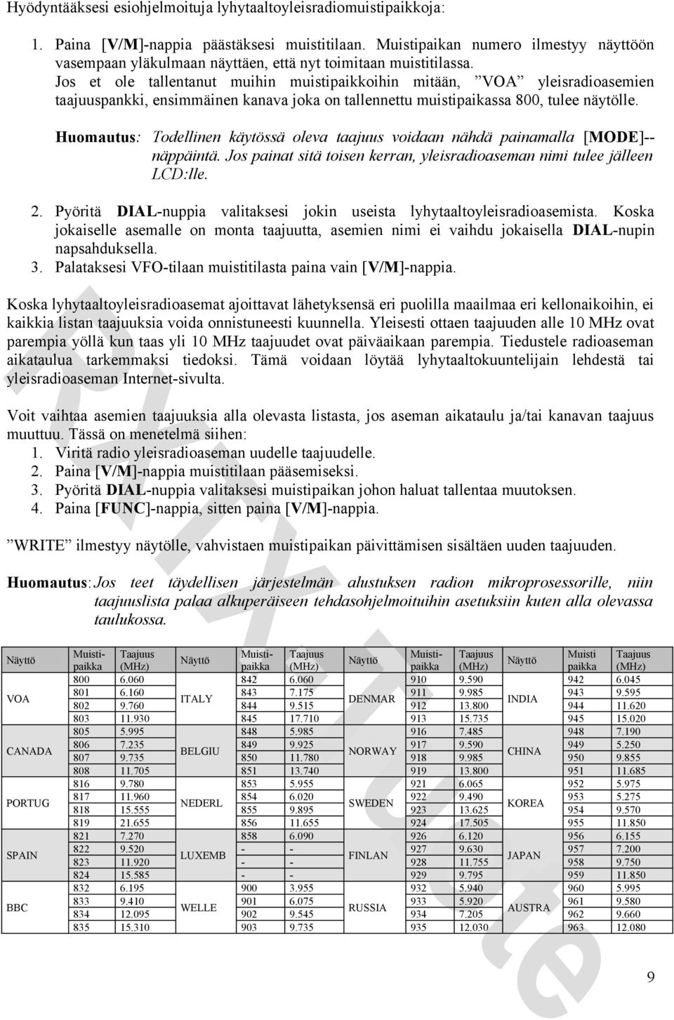 Jos et ole tallentanut muihin muistipaikkoihin mitään, VOA yleisradioasemien taajuuspankki, ensimmäinen kanava joka on tallennettu muistipaikassa 800, tulee näytölle.