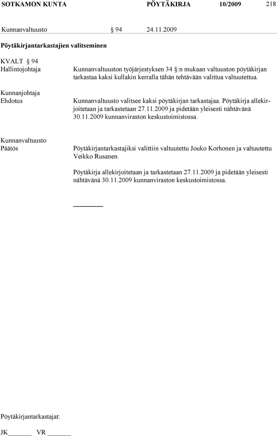 kullakin kerralla tähän tehtävään valittua valtuutettua. Kunnanvaltuusto valitsee kaksi pöytäkirjan tarkastajaa. Pöytäkirja allekirjoitetaan ja tarkastetaan 27.11.