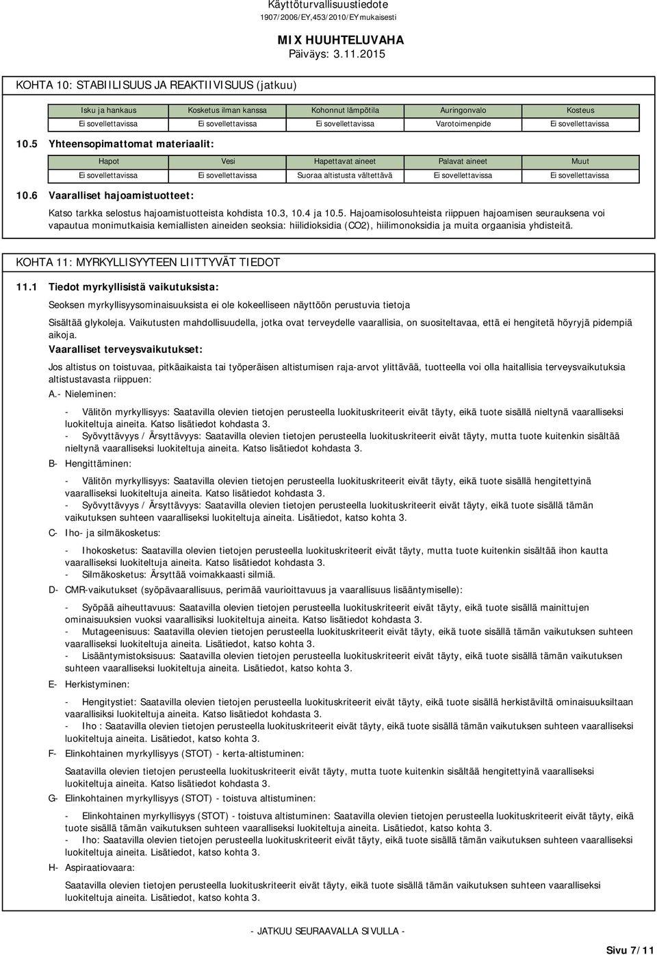 3, 10.4 ja 10.5. Hajoamisolosuhteista riippuen hajoamisen seurauksena voi vapautua monimutkaisia kemiallisten aineiden seoksia: hiilidioksidia (CO2), hiilimonoksidia ja muita orgaanisia yhdisteitä.